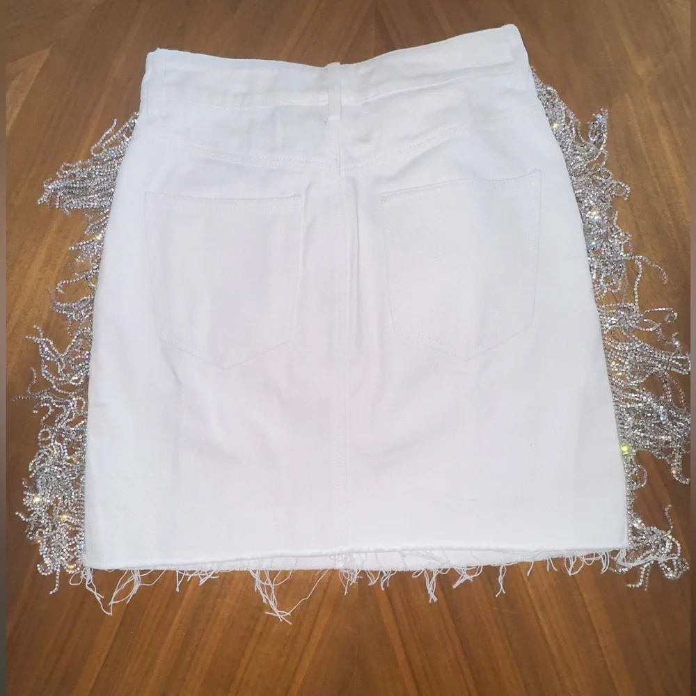 HOUSE OF MUAMUA Crystal Fringe White Denim Skirt